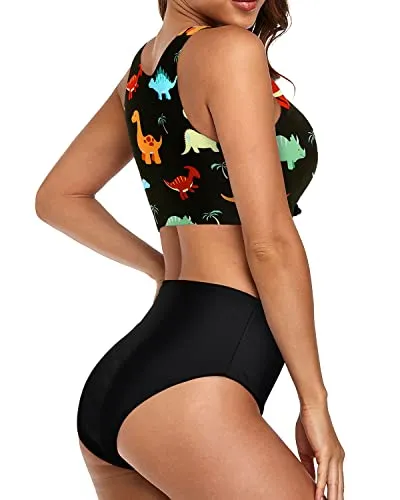 Tummy Control Swimsuits Sporty Two Piece Swimsuits-Black Dinosaur