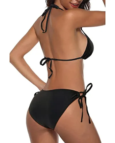 Women Two Piece Halter Padded Top Tie Side Bottom Triangle Bikini