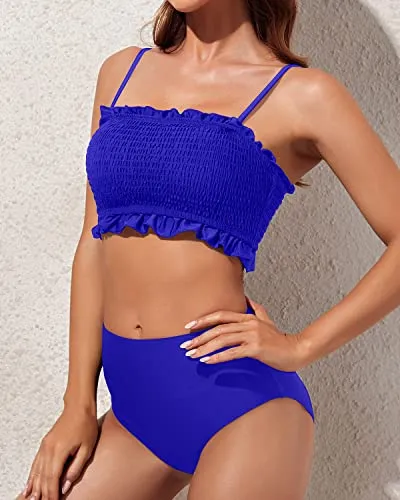 Women's Bandeau Two Piece Smocked Ruffled Bikini-Royal Blue