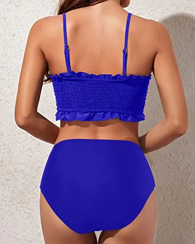 Women's Bandeau Two Piece Smocked Ruffled Bikini-Royal Blue