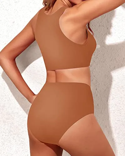 Women's Bathing Suit Scoop Neck Bikini Bottom-Brown