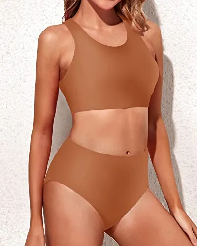 Women's Bathing Suit Scoop Neck Bikini Bottom-Brown