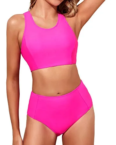 Women's Full Coverage Bathing Suit Bottom Bikini Set-Neon Pink