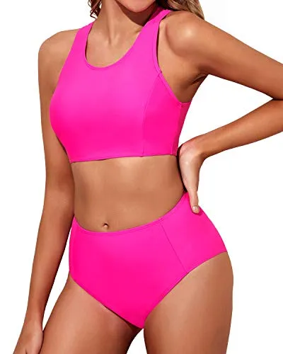 Women's Full Coverage Bathing Suit Bottom Bikini Set-Neon Pink