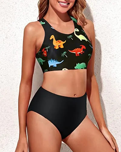 Women's High Waisted Sporty Two Piece Bikini Set-Black Dinosaur