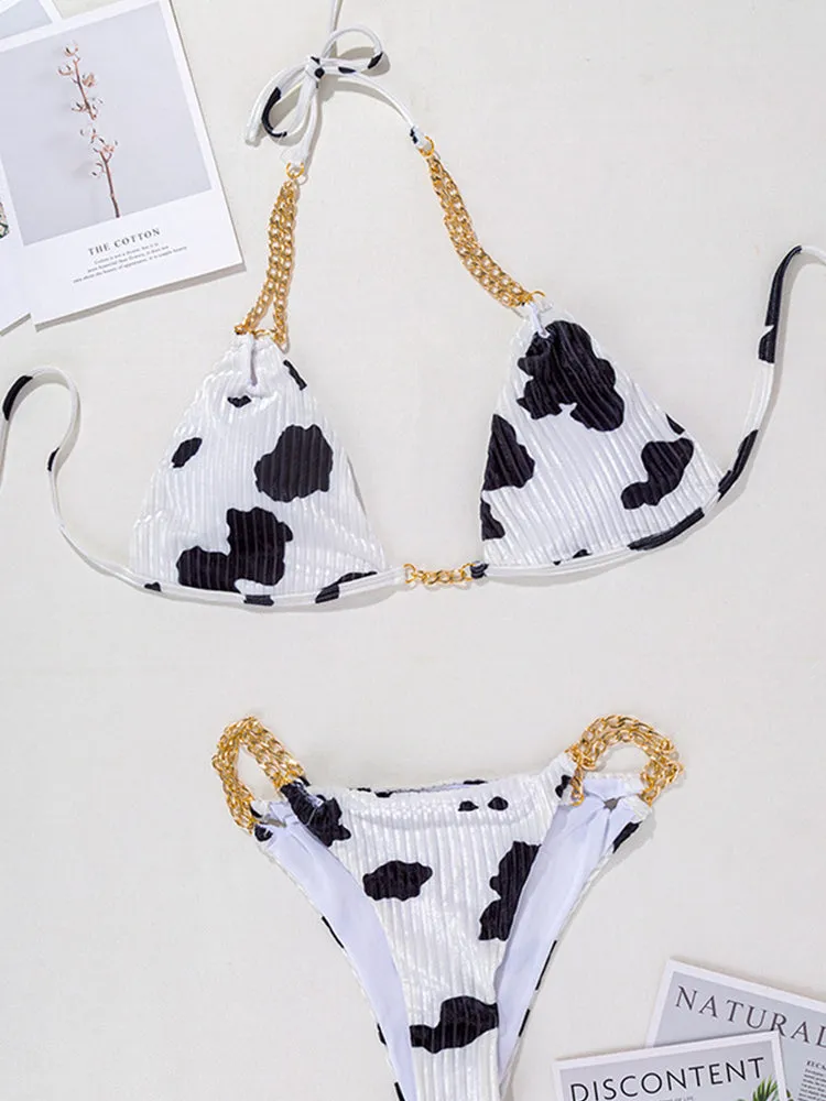 Women's Milk Speckled Printed Halter Triangle Top 2 Piece Bikini Bathing Suits