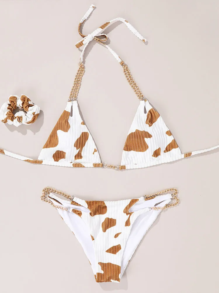 Women's Milk Speckled Printed Halter Triangle Top 2 Piece Bikini Bathing Suits