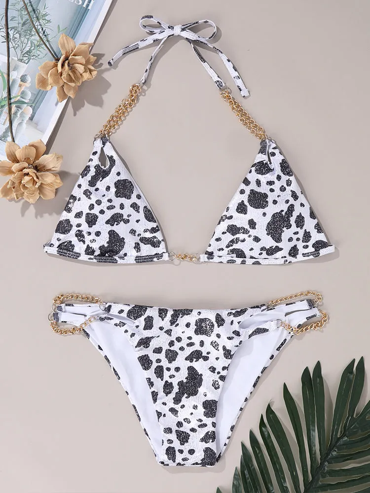 Women's Milk Speckled Printed Halter Triangle Top 2 Piece Bikini Bathing Suits