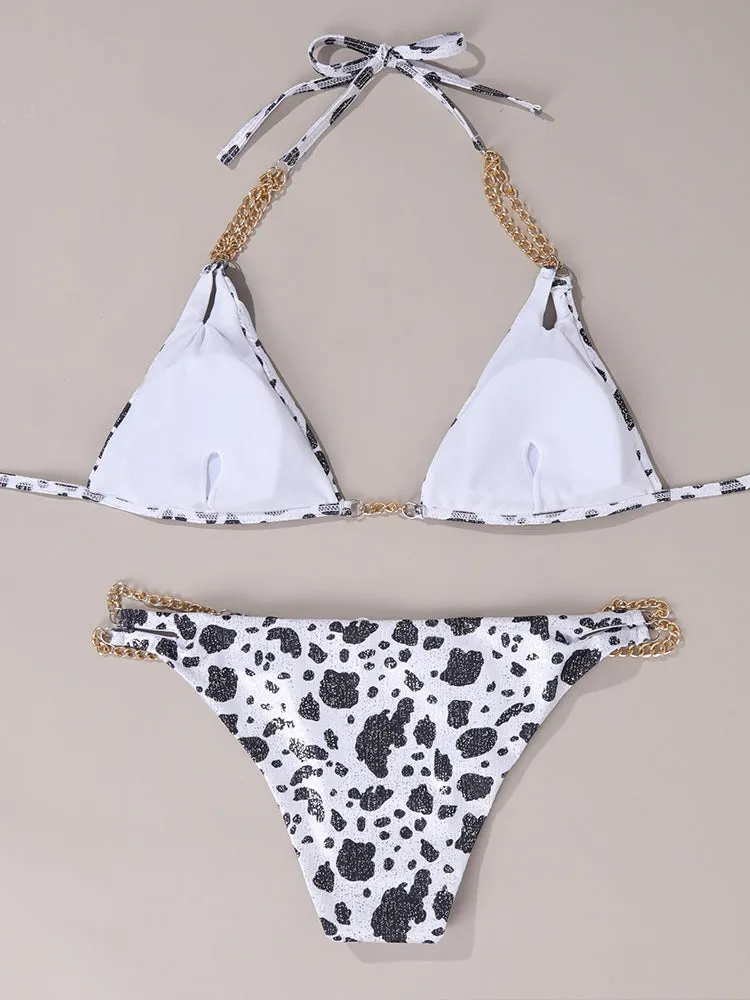 Women's Milk Speckled Printed Halter Triangle Top 2 Piece Bikini Bathing Suits