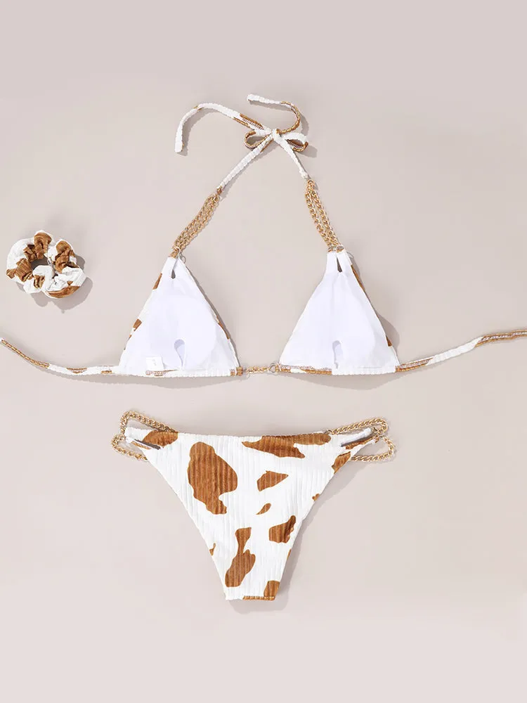 Women's Milk Speckled Printed Halter Triangle Top 2 Piece Bikini Bathing Suits