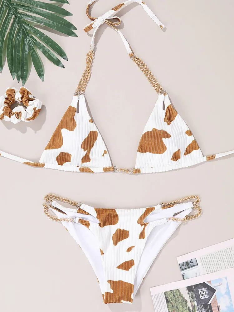 Women's Milk Speckled Printed Halter Triangle Top 2 Piece Bikini Bathing Suits