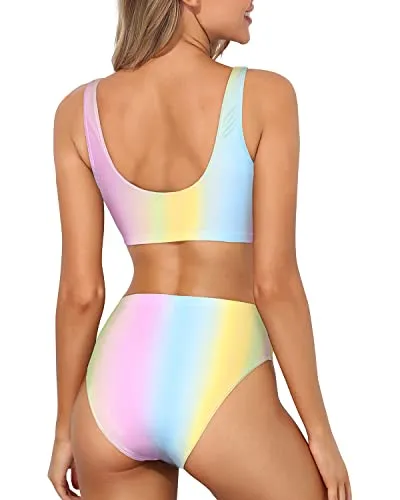 Women's Sexy High Waisted Bikini Crop Top High Cut Swimsuit-Color Stripes