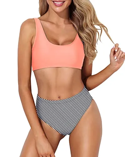 Women's Sporty Bathing Suit Crop Top High Cut Swimsuit-Coral Pink Stripe