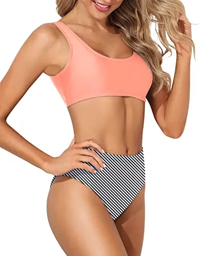 Women's Sporty Bathing Suit Crop Top High Cut Swimsuit-Coral Pink Stripe