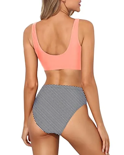 Women's Sporty Bathing Suit Crop Top High Cut Swimsuit-Coral Pink Stripe