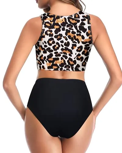 Women's Sporty Swimsuits High Waisted Bottom-Black And Leopard