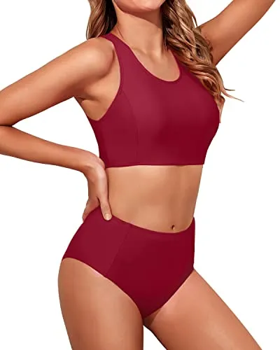 Women's Tummy Control Two Piece Bikini Set-Red
