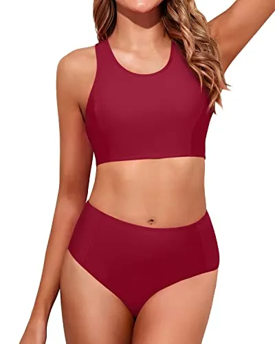 Women's Tummy Control Two Piece Bikini Set-Red